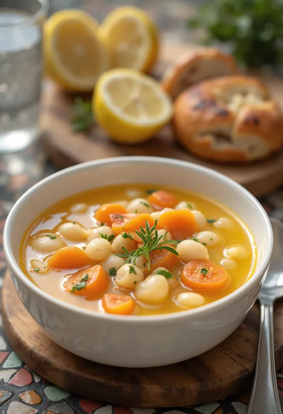 Fasolada fresca al limón, servida con verduras frescas
