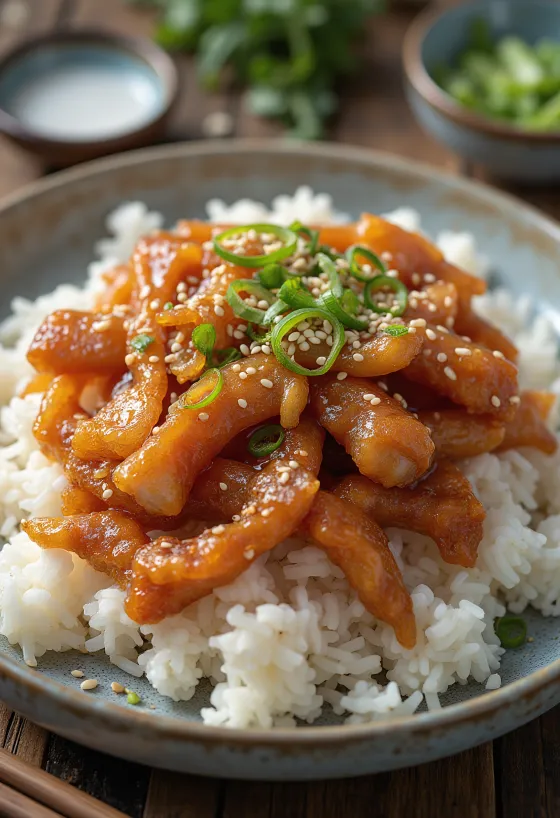 Tangsuyuk con carne ahumada servido con arroz y ajonjolí