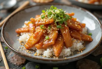 Tangsuyuk con carne ahumada servido con arroz y ajonjolí