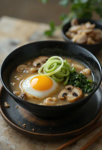 Kasu Jiru con hongos Shimeji, sopa a base de miso con cebollín fresco y huevo