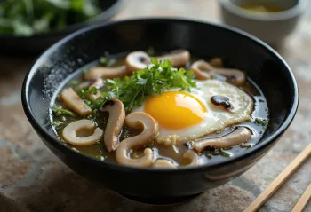 Kasu Jiru con hongos Shimeji, sopa a base de miso con cebollín fresco y huevo