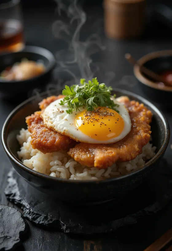 Katsudon servido con cerdo crujiente y cebollín