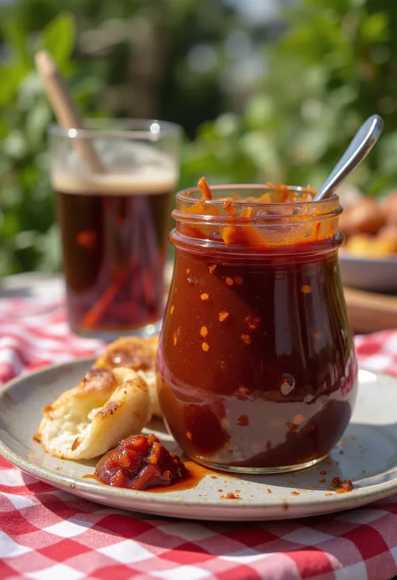 Salsa BBQ con chile y cerveza servida en un tazón