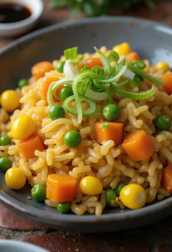Arroz frito vegano con verduras, servido fresco en un wok.