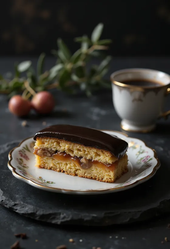 Zserbó casero con masa suave, relleno de nuez y cobertura de chocolate