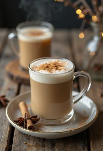 Chai tea latte en taza, decorado con canela y cardamomo