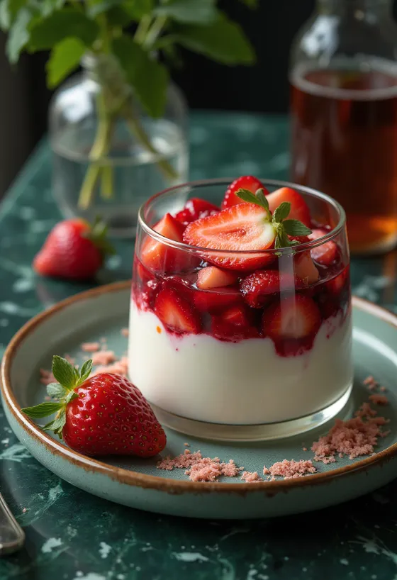 Copa de crema con fresas en capas y decorada con menta fresca