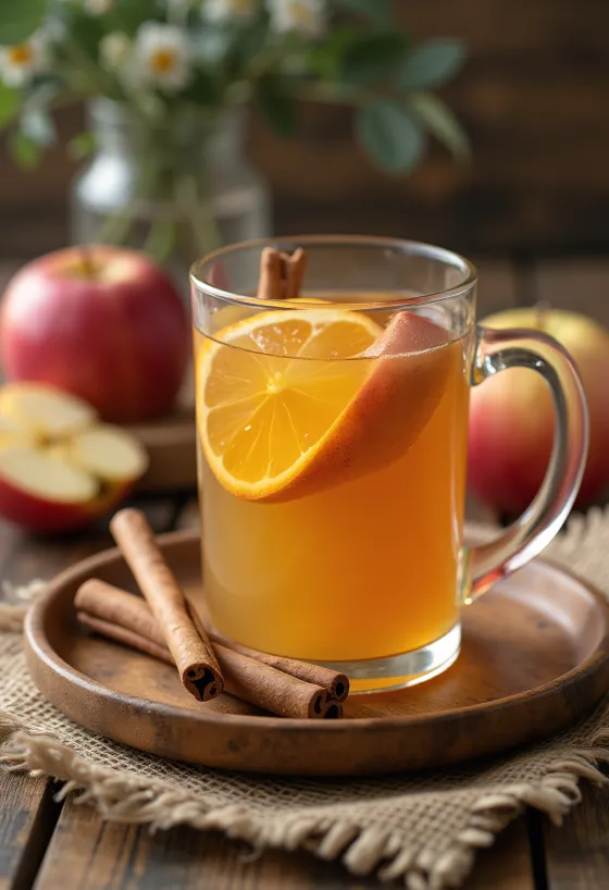 Ponche de sidra y manzana con canela servido en vasos