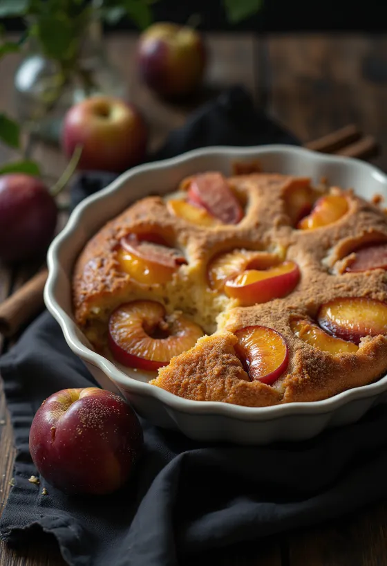 Pastel de ciruela y canela servido con azúcar glass y canela