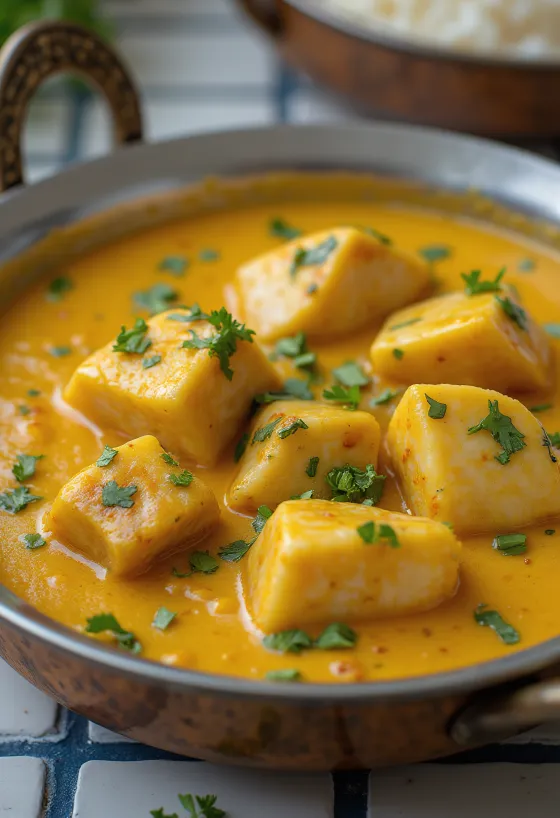 Curry de pescado Kerala con cerdo, servido en base rica de leche de coco