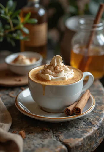 Latte de miel y canela, decorado con crema batida y raja de canela