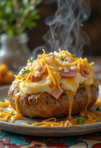 Papas rellenas horneadas con queso, jamón y verduras