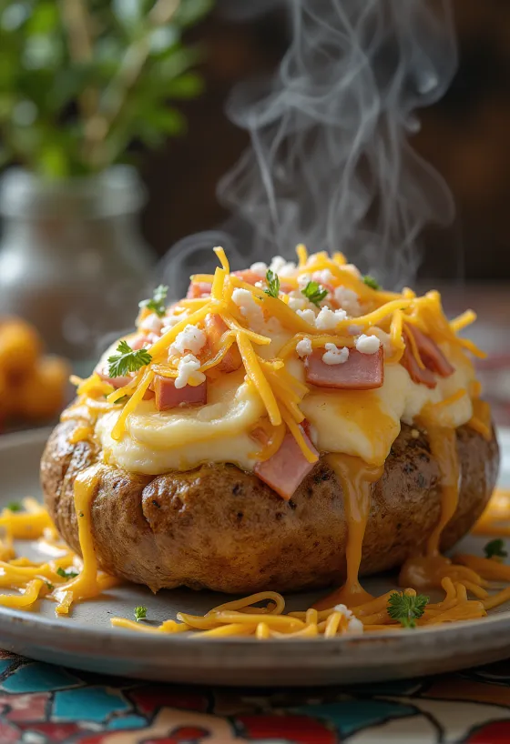 Papas rellenas horneadas con queso, jamón y verduras