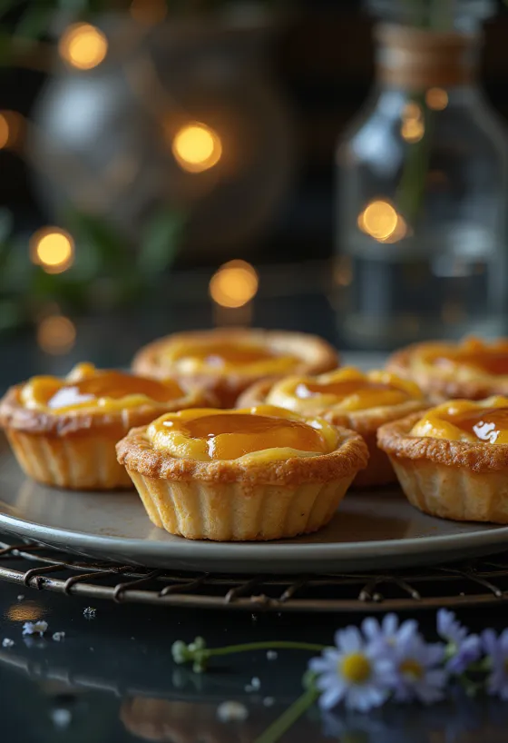 Mini treacle tart servida con masa dorada y decorada con ralladura de limón fresca