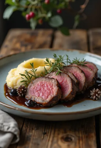 Lomo de venado con salsa de enebro servido con verduras asadas