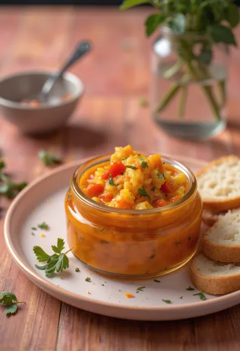 Zacuscă con chile picante servida, rica en verduras y tomate