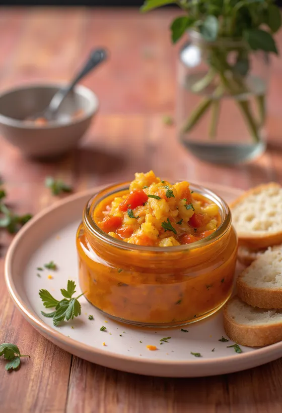 Zacuscă con chile picante servida, rica en verduras y tomate