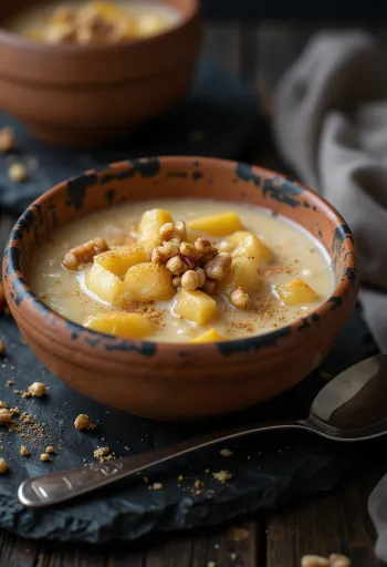 Kheer de manzana y nuez, pudín de arroz decorado con nuez y cardamomo