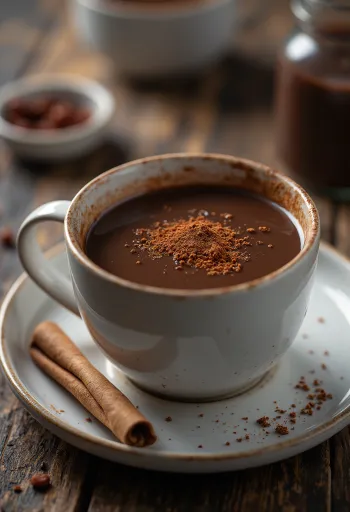 Bebida de chocolate con chile decorada con crema batida y virutas de chocolate