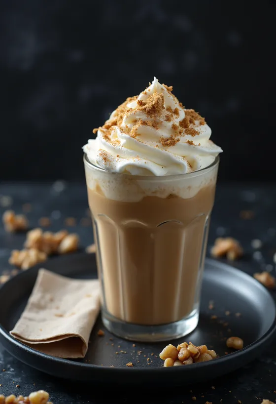 Frappuccino de canela y nuez decorado con crema batida y nuez molida