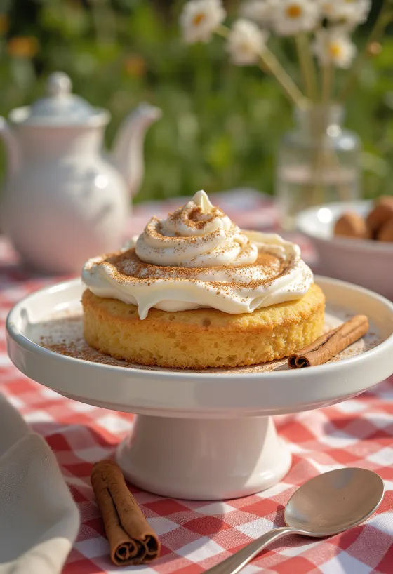 Pastel de crema batida y canela espolvoreado con canela