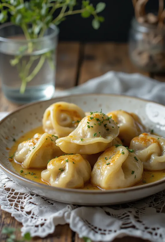 Pelmeni con carne ahumada servido con crema ácida