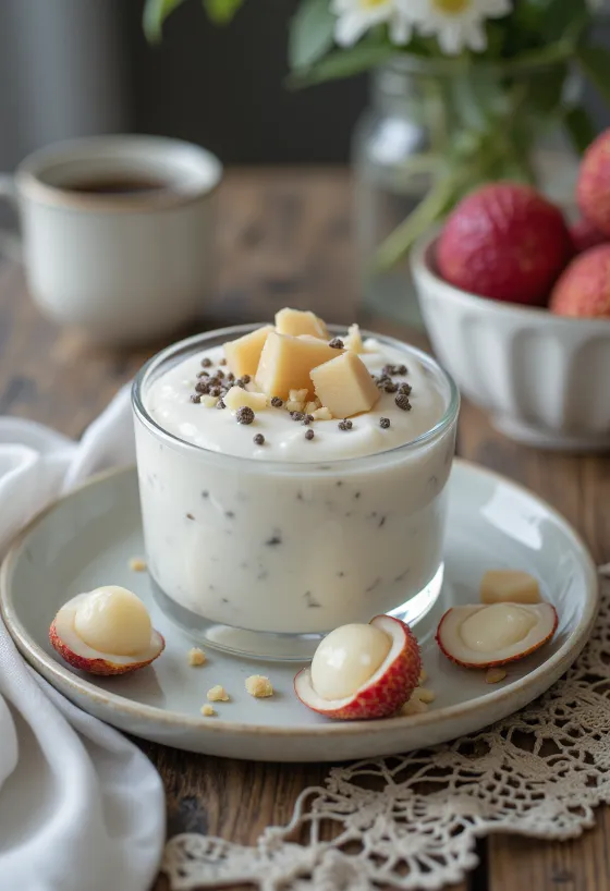 Yogur probiótico de lichi en vasos, servido con trozos frescos de lichi
