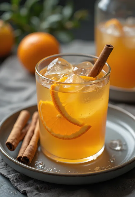 Refrescante jugo de naranja con ron en vaso con hielo y rodaja de naranja