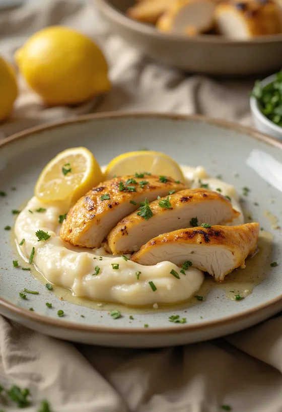 Pechuga de pollo asada servida con puré de coliflor