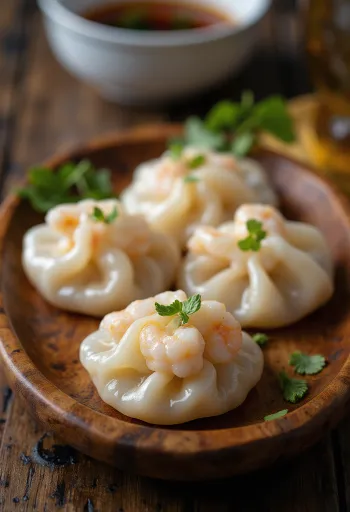 Dumplings tailandeses de camarón con masa translúcida al vapor servidos