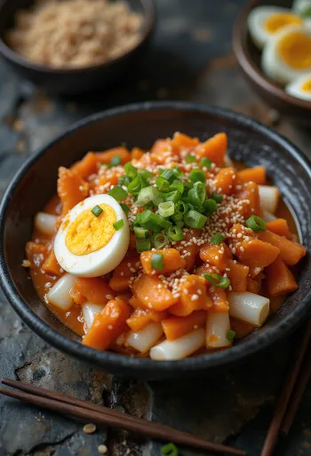 Tteokbokki con verduras, decorado con huevo y ajonjolí