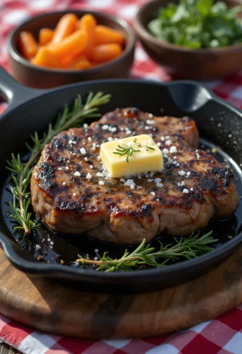 Filete de yak servido con verduras asadas y romero fresco