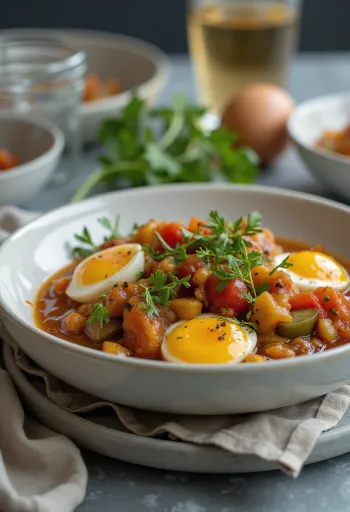 Caponata vegana con berenjena, aceitunas y salsa de tomate