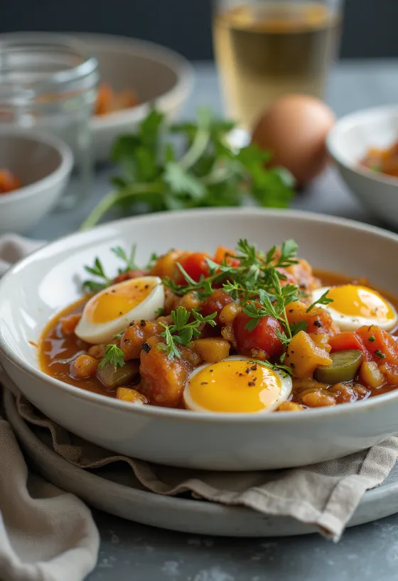 Caponata vegana con berenjena, aceitunas y salsa de tomate