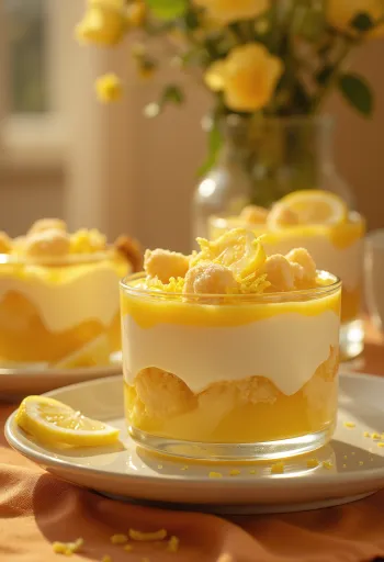 Sueño de limón en capas con soletas y crema de mascarpone, decorado con limón fresco