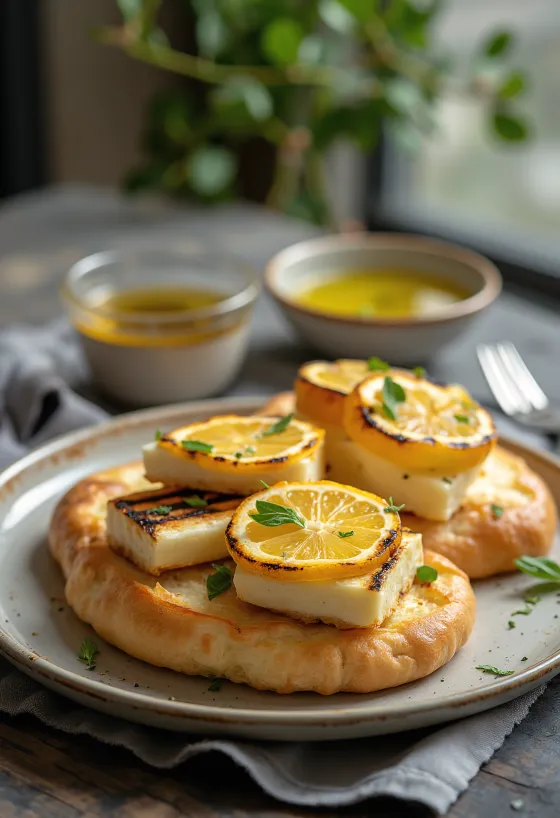 Focaccia servida con queso halloumi a la parrilla y limón