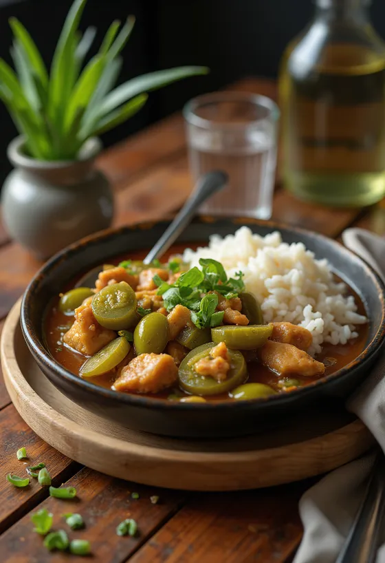 Gumbo con aceite de oliva, con ricas especias y verduras