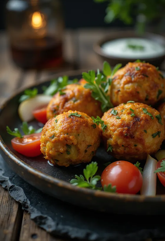 Kofta de vegetales recién servida con perejil y aderezo de yogur