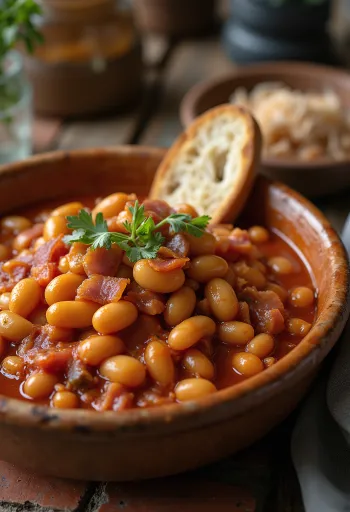 Frijoles en salsa de tomate espolvoreados con perejil fresco, servidos en plato hondo.