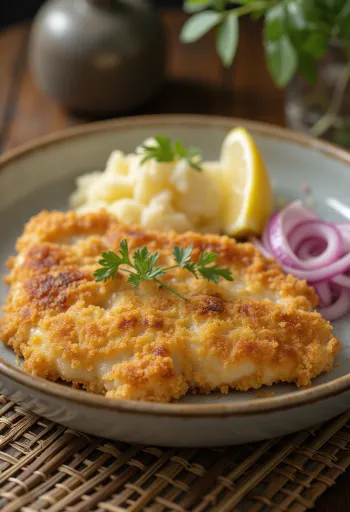 Schnitzel de cerdo con ensalada de papa servido en un plato