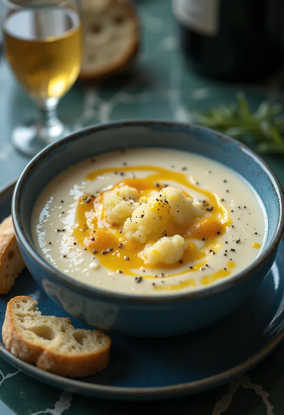 Crema de coliflor con queso servida