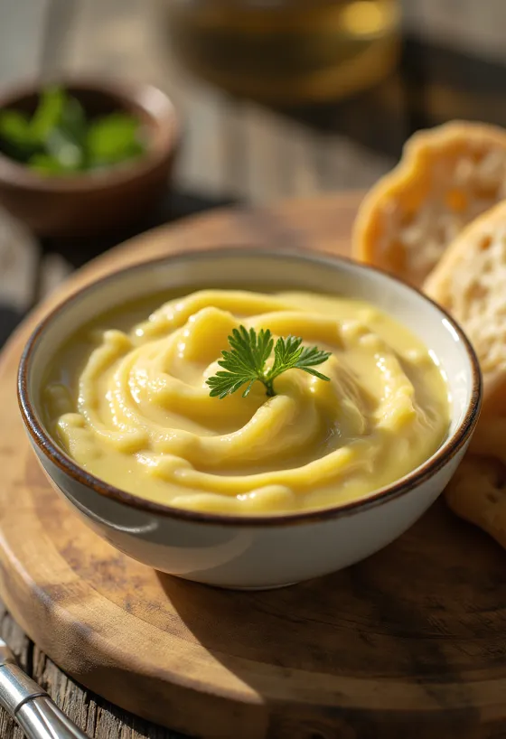 Salsa de ajo alioli servida con pan fresco
