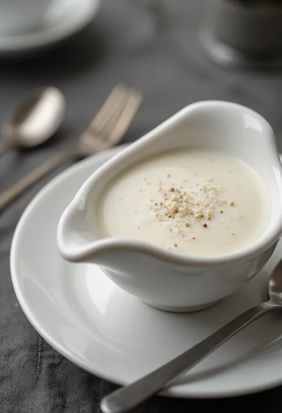 Salsa cremosa de romero servida en una salsera