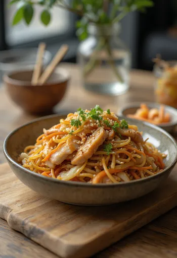 Yakisoba con pollo, fideos japoneses al wok con verduras crujientes