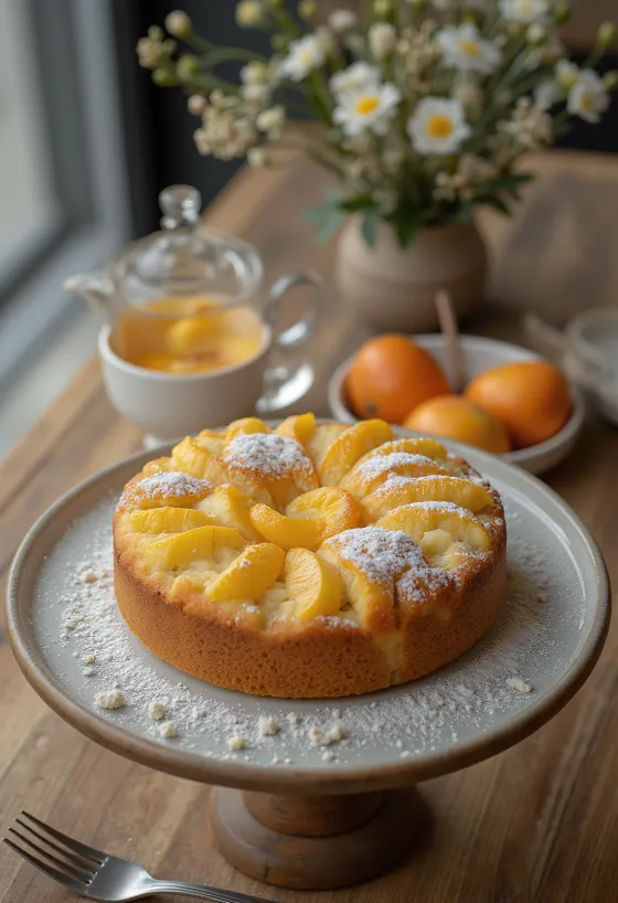 Pastel de manzana y naranja servido
