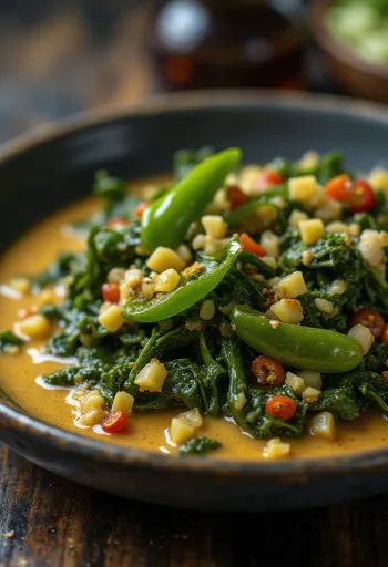 Callaloo con chile, platillo rico en especias servido con leche de coco y hierbas frescas