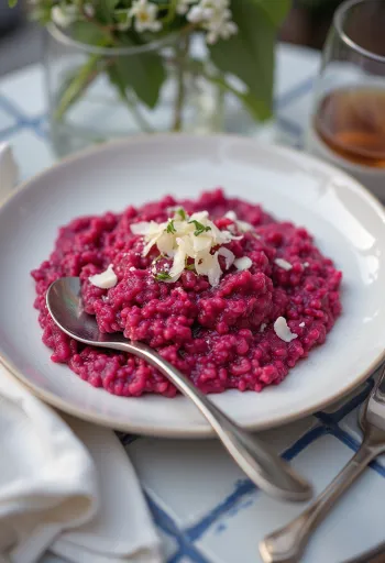 Risotto de betabel, de textura cremosa, servido con perejil fresco y parmesano vegano.