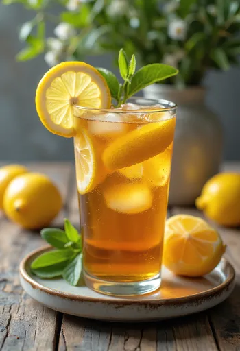Té helado de limón con rodajas de limón y cubos de hielo