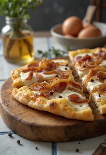 Flammkuchen con crema ácida, cebolla y tocino