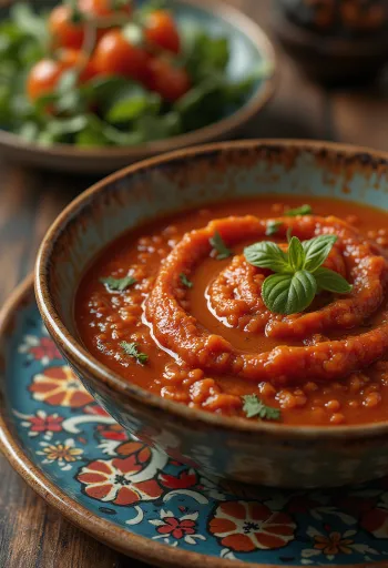 Salsa de tomate al pimentón ahumado servida con papas fritas